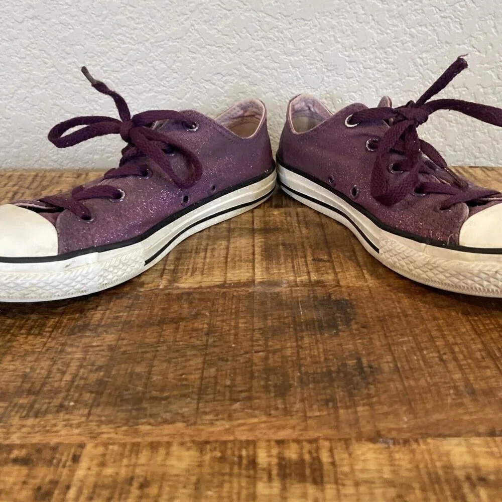 Converse All Star girls Junior Size 3 Low Top Purple Glitter Shoes Double Tongue